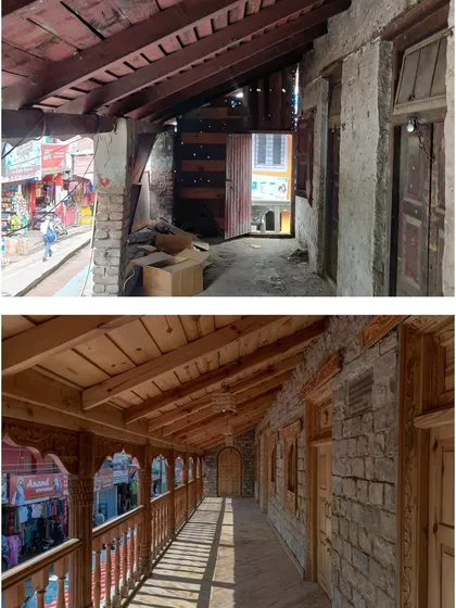 The transformation of the museum's upper floor corridor shows how we turned a neglected, decaying space into a light-filled gallery with restored stone walls and intricate woodwork.