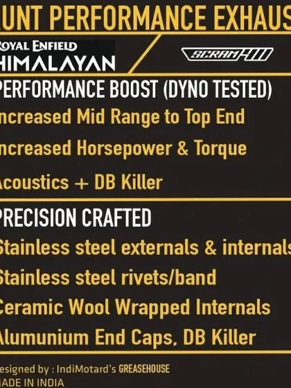 A summary of the performance and construction details of our Grunt V5 exhaust for the Himalayan and Scram 411.