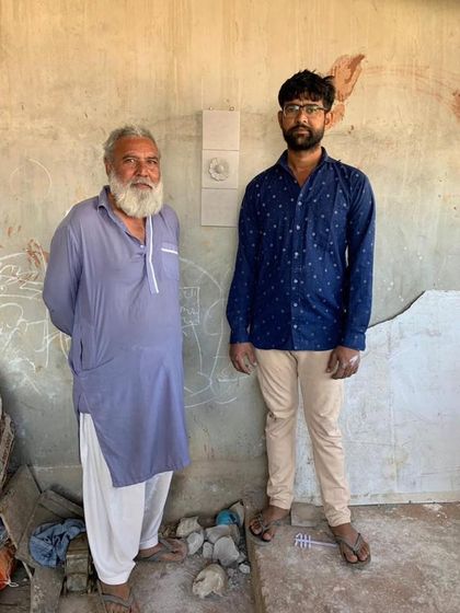Meet Ramzu Bhai and his son Ahmed, Kumbhar potters from Kutch. Here they are, standing proudly with a sample of the white terracotta tiles we co-created for the Brassa restaurant project, a collaboration managed entirely over Zoom during the lockdown.