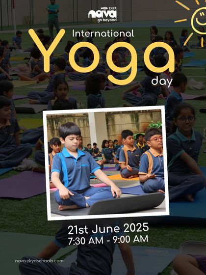A collage celebrating International Yoga Day at Ekya Nava. The images show children in various poses, highlighting my commitment to promoting mental and physical well-being through mindful practices.
