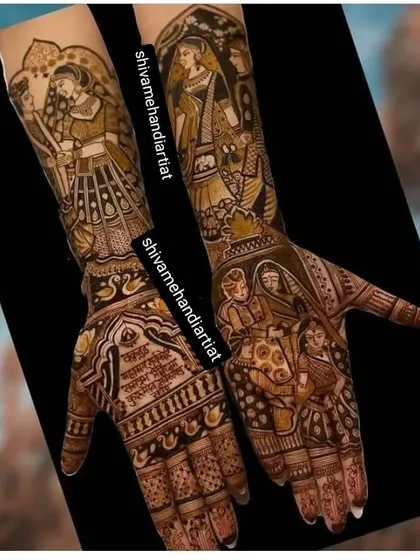 A narrative design showing the couple's story through different scenes, including family moments and wedding rituals, all tied together with intricate patterns.