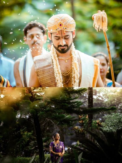 A diptych showcasing both the groom during a ritual and a wide shot of the bride in a serene, natural setting. This juxtaposition tells a story of both the traditional ceremony and the beautiful destination.