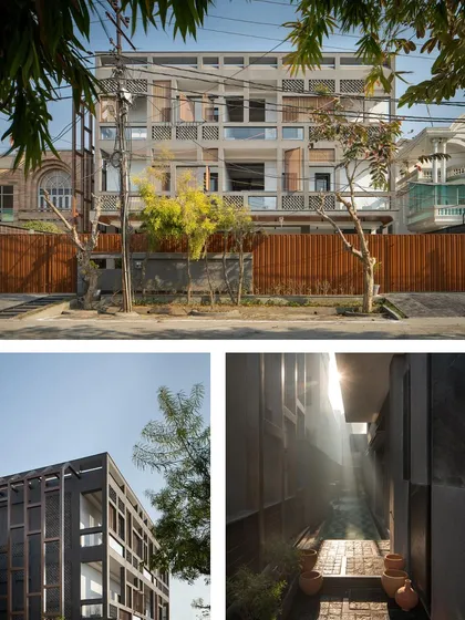 Another collage from the Habitus Living feature, showing the exterior of the Urban Oasis. The article highlights the home's strong, almost industrial statement.