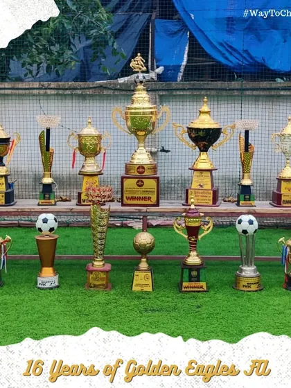 Our wall of fame. A glimpse of the numerous trophies our academy has won over 16 years, a testament to our legacy of excellence in football training.