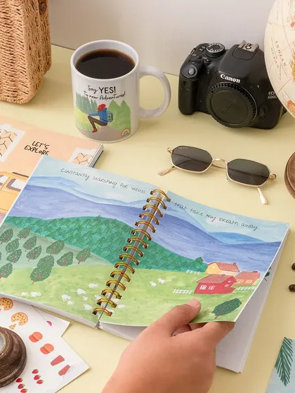 A travel-themed flat lay for a stationery brand. I used props like a globe, camera, and sunglasses to create a story around the journal, inspiring wanderlust and creativity.