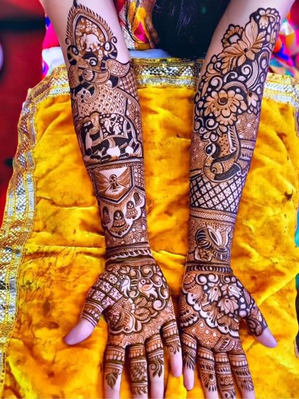 A variation of the storytelling design, this mehendi combines a royal procession on one arm with bold floral and peacock motifs on the other.