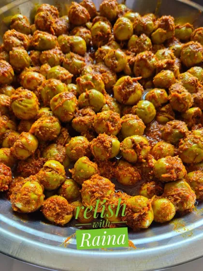 A closer look at the stuffed gunda, showing the tangy masala filling. This pickle is a summer specialty that I make as soon as I get my hands on good quality, big-sized gunda.