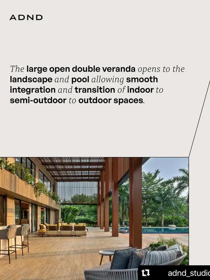 The large, open double veranda at K House was designed to allow a smooth transition from indoor to semi-outdoor to outdoor spaces. This creates an expansive living area that fully embraces the tropical landscape.