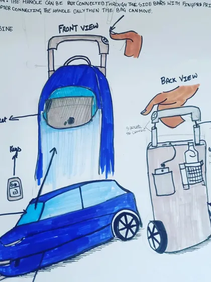 This is a student's product design concept for a smart travel bag, created as part of their UCEED and CEED exam preparation. We work on developing innovative ideas and presenting them clearly through technical drawings, focusing on functionality and user-centered design.