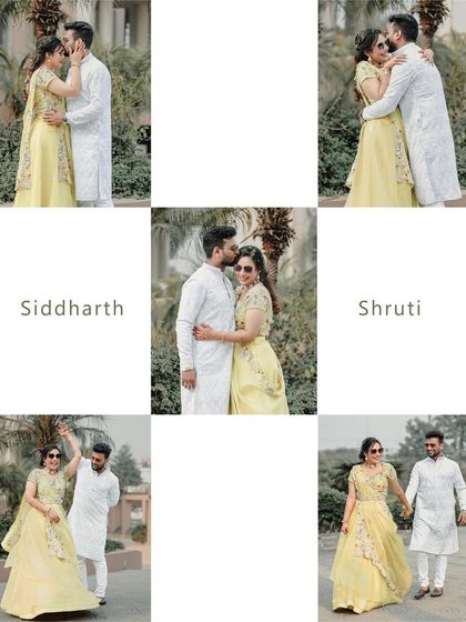 A collage of happy, candid moments from a pre-wedding event. The couple's joyful interactions and playful poses are captured beautifully, telling a story of love and celebration.