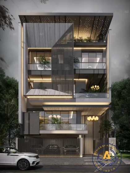 Our latest facade design at DLF Phase-3, where architecture meets artistry. This residential masterpiece pushes the boundaries of modernism with a harmony of straight lines and sustainable materials like engineered wood and perforated metal screens.