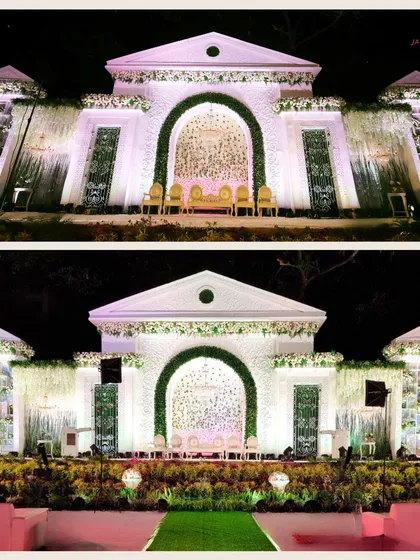 I designed this grand facade to serve as a spectacular wedding stage. The all-white structure features intricate carvings, green floral arches, and a cascading waterfall, blending classic architecture with natural beauty.
