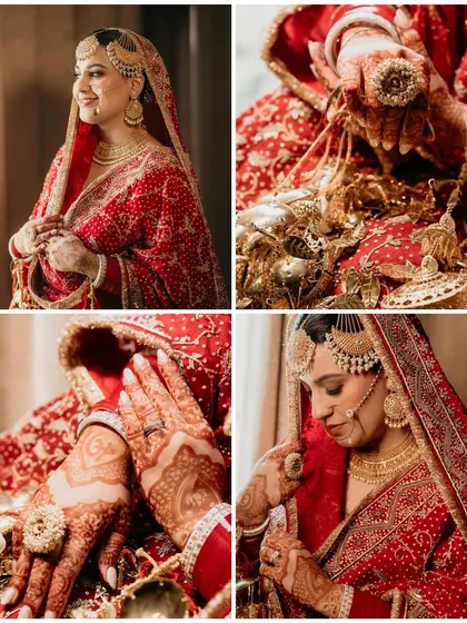 A collage showcasing the stunning details of a Punjabi bride. From the intricate henna and the traditional red choora to the golden kalire, we capture every element that tells the story of her heritage.