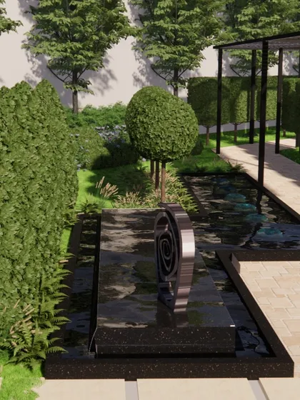 A close-up of a modern water feature with a spiral sculpture, set within a formal garden. The dark, reflective water contrasts with the lush green hedges and manicured trees, adding a touch of sophisticated drama.