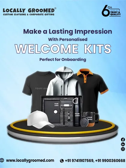 We offer a wide range of apparel and accessories for welcome kits. This image showcases options like t-shirts, hoodies, caps, and a gift set with a bottle, mug, and stationery, all ready for your logo.
