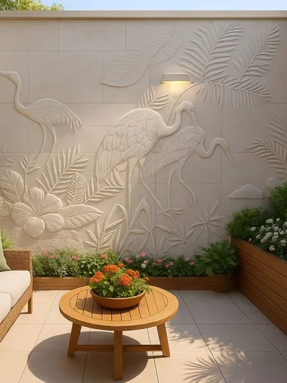 An outdoor seating area is elevated with a serene, nature-inspired stone mural. The bas-relief carving of herons and tropical leaves adds texture and a sense of tranquility to the space.