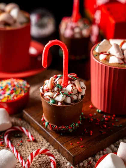 Our Hot Chocolate Cups, an edible chocolate cup filled with mini marshmallows and a candy cane stirrer. It's a fun and interactive treat, perfect for a cozy Christmas evening.