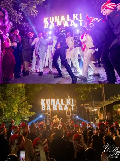 The entire baraat in full swing, a high-energy celebration with the groom leading the charge.