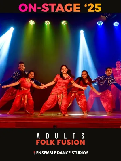 Another look at the adults' folk fusion piece. The partner work and intricate formations showcase the skills learned in class.