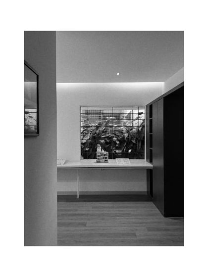 A view of a workspace in our studio, looking out towards an internal green courtyard. I believe in creating work environments that are connected to nature.
