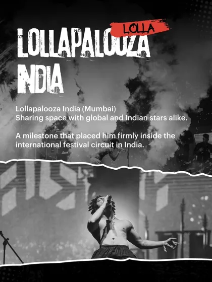 This graphic details Hanumankind's milestone performance at Lollapalooza India, placing him among global stars.