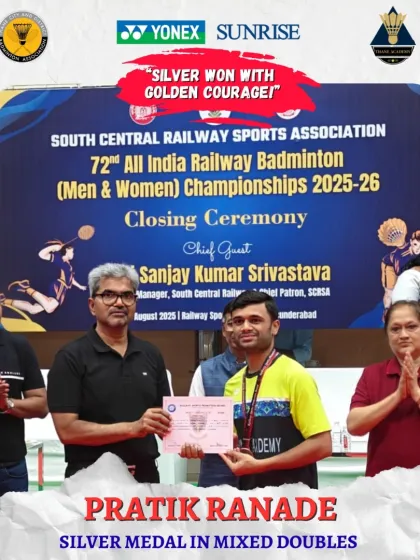 True grit on display. Pratik Ranade receiving his silver medal in Mixed Doubles at the 72nd All India Railway Badminton Championship, an event he competed in despite battling high fever and a shoulder injury.