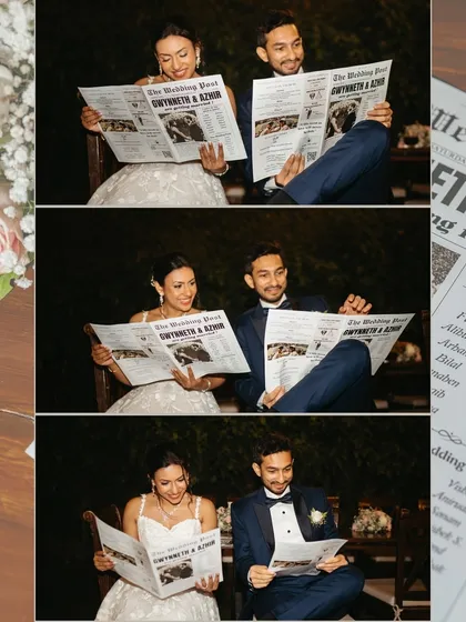 A fun and creative collage of the Catholic bride and groom reading a personalized wedding newspaper. This shows the unique details I love to capture.