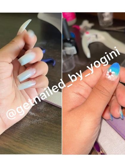 A side-by-side before and after of an acrylic extension set. You can see how we went from a bare extension tip to a beautiful blue ombré design with a hand-painted flower.