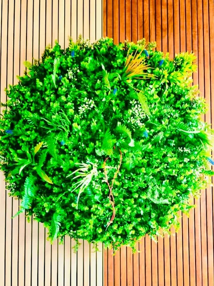 A circular green wall panel mounted on a slatted wood background. This "living art" piece serves as a powerful focal point, combining different textures and shapes for a modern, biophilic design.