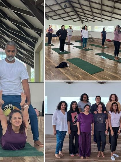 A collage showing a "Healing Day Out" with a renowned yoga master. We offer workshops that include yoga, sound healing, and meditation, providing a comprehensive wellness experience.