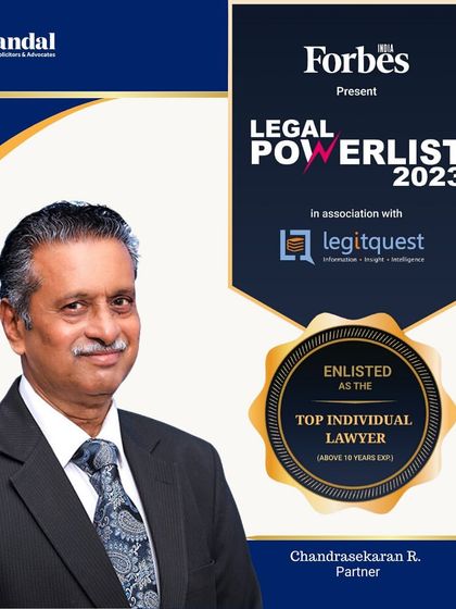 Another graphic celebrating our Partner, Chandrasekaran R., being recognized as a Top Individual Lawyer by Forbes India.