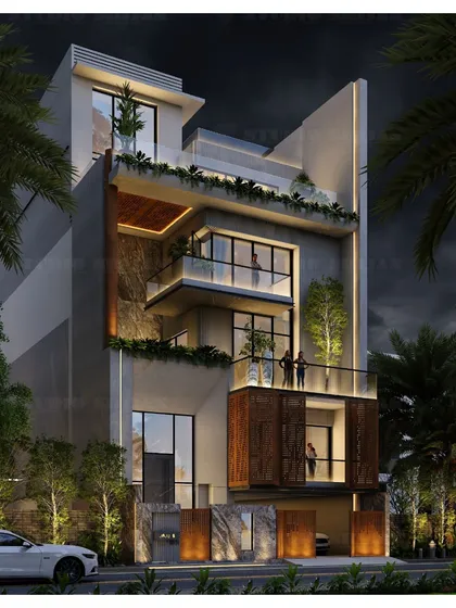 A night render of a 302 sq. yard home in Pitampura. The design features a dramatic interplay of light and shadow, with recessed lighting highlighting the corten steel panels and lush greenery.