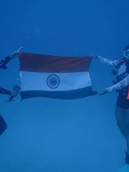 Our divers holding the Indian flag high during our underwater celebration for the 75th Independence Day.