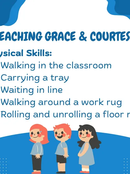 These infographics define "Grace and Courtesy," explaining why teaching polite social interaction and respectful physical movement is essential for building independence.