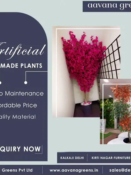 Our handmade plants offer zero maintenance, affordable prices, and high-quality materials. This collage shows a vibrant pink tree and a lush orange tree, perfect for making a statement.