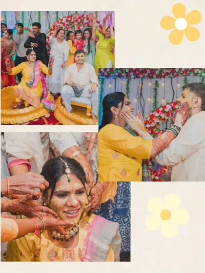 A collage of happy moments from a Haldi ceremony, from the bride's dance to the couple playfully applying turmeric to each other.