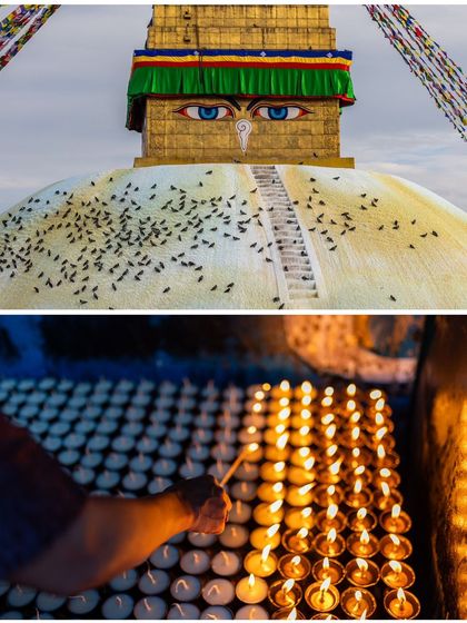 A diptych from Kathmandu, Nepal. The top frame shows the iconic all-seeing eyes of the Boudhanath Stupa, while the bottom shows a hand lighting butter lamps, a common devotional practice.