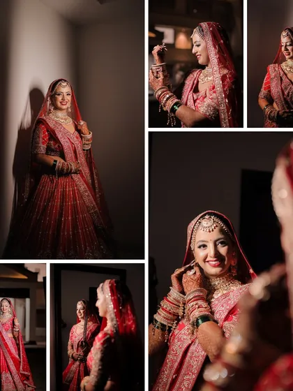 A collection of bridal portraits showing the bride getting ready. We use dramatic lighting and reflections to create a series of stunning and artistic images that highlight her beauty and anticipation.