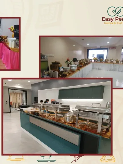 This collage provides a snapshot of different events, including a modern corporate lunch setup and a more traditional party buffet.