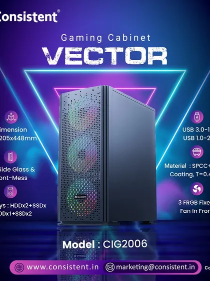 The Vector gaming cabinet features a front mesh panel for optimized airflow, keeping your components cool during intense gaming sessions. It includes three fixed RGB fans and supports ATX, M-ATX, and ITX motherboards within its sturdy SPCC steel frame.