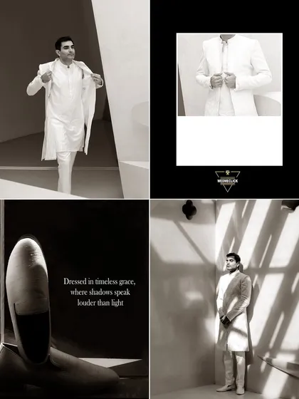 A collage of the groom's portraits, showcasing his stylish white engagement suit in various poses.