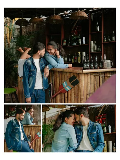 A collage of a couple having fun at a resort's tiki bar. It shows their playful and romantic sides, from leaning on the bar to sharing a close, loving glance.