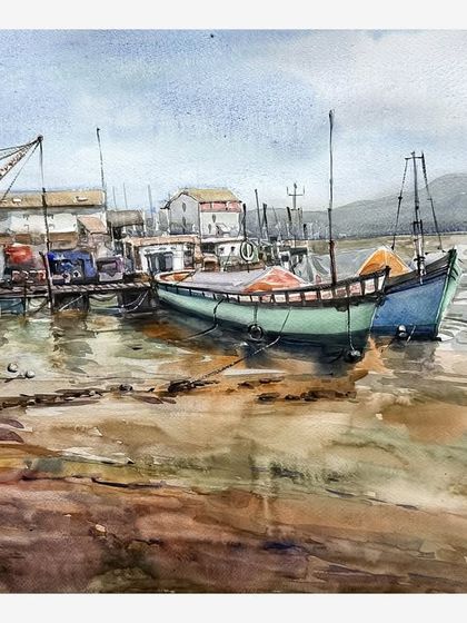 'Rest', a 22x15 inch watercolor painting of boats moored in a harbor at low tide, created in 2024.