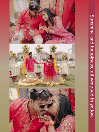This collage captures the playful and loving moments of the Haldi, from a sweet kiss on the cheek to the couple enjoying the rituals together.