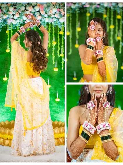 Details that tell a story. This collage focuses on the bride's beautiful floral jewelry, her intricate mehndi, and her joyful dance moves, capturing the essence of the Haldi celebration.