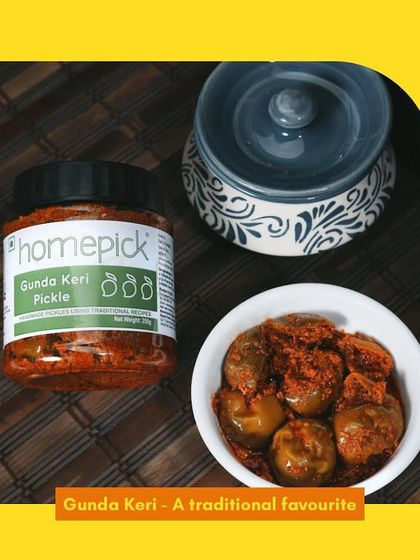 Gunda Keri is a traditional favourite for a reason. These stuffed berries, packed with mango and spices, offer a unique texture and a burst of flavour in every bite.