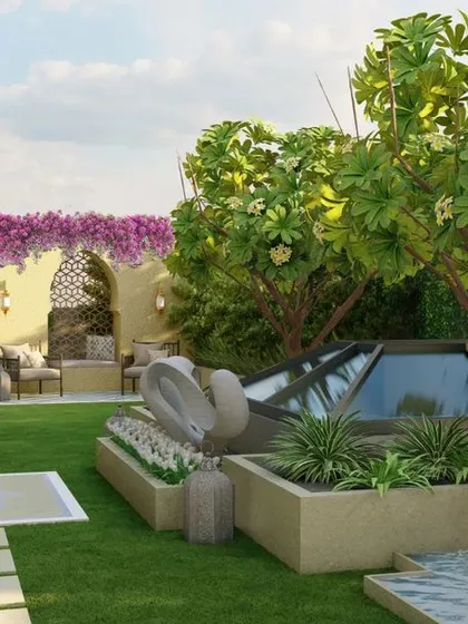 A 3D render of a Moroccan-style terrace garden in Delhi. The design incorporates characteristic elements like arches, intricate jaalis, bougainvillea, and patterned paving to create a serene and exotic private escape.