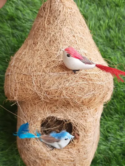 A classic, teardrop-shaped coir bird nest. These are eco-friendly, durable, and provide great shelter for birds. The little decorative birds show how cute they look when hung in a garden.