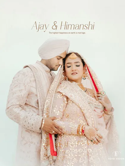 A serene portrait of a Sikh couple in their wedding attire, capturing a moment of quiet connection and the beginning of their shared life.