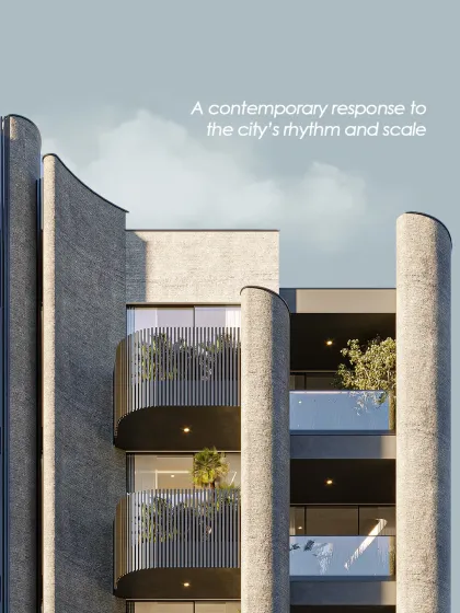 A close-up view of a contemporary facade, showing how it responds to the city's rhythm and scale. The curved balconies and textured surfaces create a calm, composed living environment.
